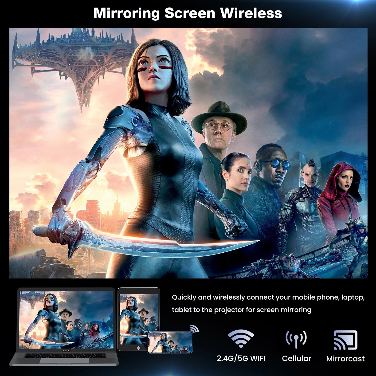 Portable Mini Projector with Wifi and Bluetooth and Speaker, Native 1080P 4K Support for Home Theater, Camping and Outdoor Movies