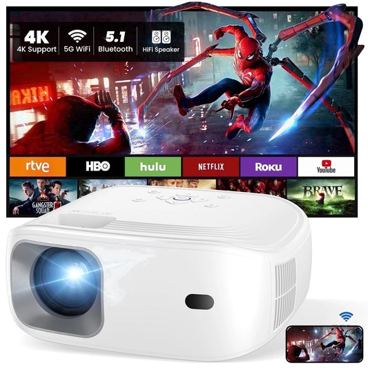 Portable Mini Projector with Wifi and Bluetooth and Speaker, Native 1080P 4K Support for Home Theater, Camping and Outdoor Movies